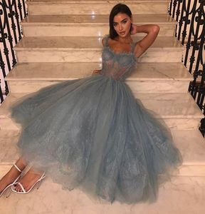 Grey Tea Length Party Dresses With Spaghetti Straps Lace And Tulle Cheap Prom Dress Exposed Boning A Line Homecoming Dress7427136