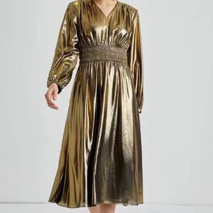 Sukienki swobodne 2024 Oryginalne wiosenne złote kobiety z długim rękawem sukienka midi