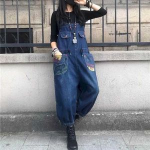 Women's Jumpsuits Rompers Denim Jumpsuits for Women Large Size One Piece Outfit Women Pocket Printing Romper Loose Korean Fashion Casual Vintage Pants Y240510