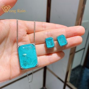 Wong Rain Luxury 100% 925 STERLING Gümüş Paraiba Tourmaline Taş Küpe Kolye Kolye Düğün Takı Setleri Toptan Q1219 253I