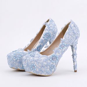Blue Lace Prom Shoes Handmade Rhinestone Bridal Dress Shoes Platform Formella skor 5 5 tum Bekväma bröllopsfestpumpar 222T