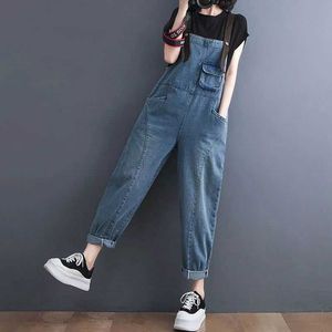 Kvinnors jumpsuits Rompers Denim Jumpsuits for Women Lose Korean Fashion Harajuku Straight Pants One Piece Outfits Women Rompers Casual Vintage Playsuits Y240510