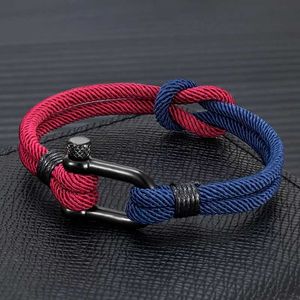 Charm Bracelets MKENDN Two-Toned Knot Nautical Rope Bracelet Men Women Outdoor Surfer Bracelet Black Stainless Steel U-shape Shackle Buckle Y240510