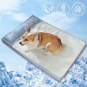 Summer Dog Cooling Bed Pet Cushion Cold Cushion Filt Ice Be med kudde andningsbar tvättbar hållbar lämplig för liten medelstor och stor hund 240506