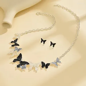 Choker 1set Korean Style Gradient Color Butterfly Necklace For Women Glass Crystal Pendant Clavicle Chain Jewelry