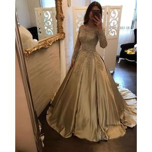 Beautiful Gold Appliqued Prom Dresses Long Sleeve Lace Evening Party Sequined Satin Bateau Pageant Gowns Red Carpet Dress Custom Made 0510