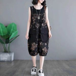 Kvinnors jumpsuits rompers denim jumpsuits vintage sommar blommig tryck romper lös harem capris casual rak bodysuits en bit kläder kvinnor kläder y240510