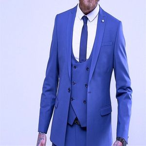 Tuxedos de três peças azuis reais de três peças Pico de lapela um botão de casamento de casamento excelente homem jantar de negócios banchejack calças tie v 302q