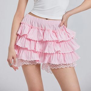 Kvinnors shorts sommar spets trim ruffles skiktat elastiskt band tiered tyll culottes bloomer streetwear estetiska kläder