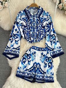Летние каникулы синие и белые фарфоровые костюмы женский флаксный рукав свободный рубашка верхняя часть цветочных карманных шорт комплекты 240510