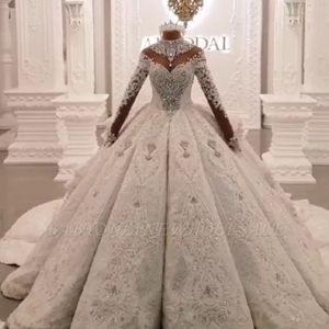 Vintage Ball Gown Wedding Dresses 2020 High Neck Luxury Train Long Sleeves Sparkle Applique Satin Bridal Gowns 271h