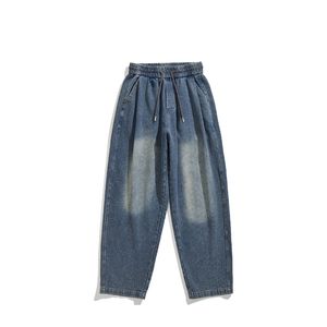 Män avslappnad stil denim jeans 2024 sommar ny ankomst stonvätt fisken design mitt midja rak troarstwill lös elastisk midja avslappnad byxa daglig outfit