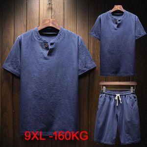 大規模7xl 8xl 9xlメン半袖コットンリネンTシャツとショーツジャパンスタイル夏の特大Tシャツvneckティー240426