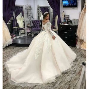 Wspaniałe sukienki księżniczki aplikacje Sheer szyi Suknie ślubne z długim rękawem koronkowane ułożone sukienka ślubna vestido de novia Q137 0510