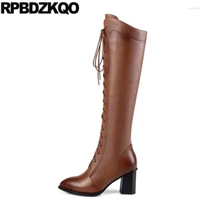 Botas feminina longa 10 tamanho grande de alta qualidade pontuado bloco de altura e sapatos de salto mais luxo de luto joelho grossa marrom sexy mulheres laterais zip