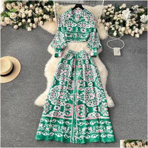Two Piece Dress 2024 Fashion Green Blue And White Porcelain Set Womens Notched Collar Shirt Short Topaddsingle-Breasted Long Skirt Dro Dhl94