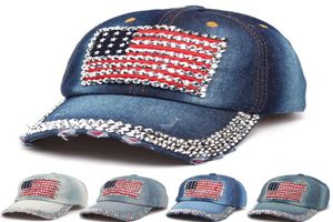 Moda amerikan bayrağı geber topu erkek spor rhinestone kot pantolon topu kadın seyahat bling snapback denim güneş şapkası tta11147190343