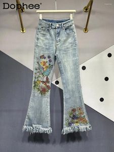 Women's Jeans High Street Printed Rhinestones Fringed Burr Flare Pants Women 2024 Spring Summer Waist Slimming Denim Trousers