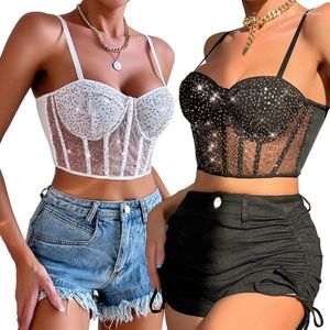 Tanques femininos Sexy Push Up Boned Corset Crop Top Women lantejas Mesh Camisole F0T5