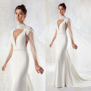 Eddy K Bridal Jacketsカスタムメイドハイカラーレースアップリケされたウェディングケープショールズ女性の長いラップフォーマルドレス225m