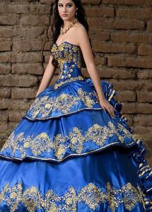 Quinceanera Dresses Blue Ball Abito da ballo Abito da ballo arruffato Charro Sweet 16 vestito gonfio tradizionale Quinceanera messicano6040674