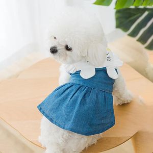 Köpek giyim yaz ince küçük kot elbise şık köpek kıyafetleri kedi karikatür karikatür sevimli yumuşak mavi etek fırfırlı kol moda evcil hayvan giymek