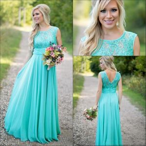 Nya Teal Country Bridesmaid Dresses Scoop A Line Chiffon Lace V Backless Long Billiga brudtärna klänningar för bröllop 282h