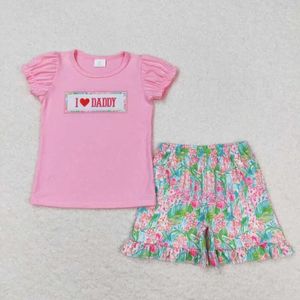 Conjuntos de roupas eu amo papai rosa de manga curta top top colorful thorts tropicais de garotas de garotas