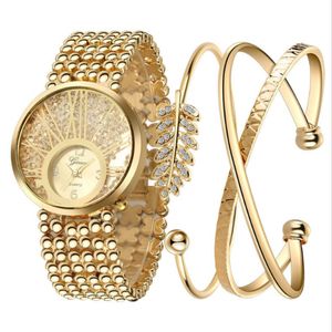 Ginave EuropeanおよびAmerican Diamond Quartz Womens Watch 18K Gold Leaf Bracelet Casuare Set Exquisite Wrist Watches223L