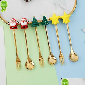 Abendessen ist neue 2pcs Weihnachtslöffel und Gabel Edelstahl Teelöffel Dessert Home Navidad Jahr Tabelle Dekor Kinder Geschenke Drop dhba7