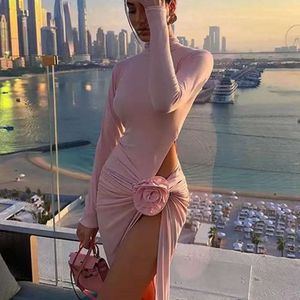 High-end Pink Designer Long Dresses Boutique Women's Elegant Temperament Solid Color Dress Half Collar Long Sleeve Sexy Slit Flower Skirt Sexy Clothes FZ2405102