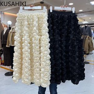 Skirts KUSAHIKI Elegant 3D Flowers Mesh Womens Korean High Waisted Causal A-line Long Skirt Fadas De Mujer 2024 Bottoms