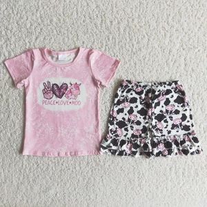 Kläder sätter sommar mode baby flickor cowhead vit topp ljusgröna shorts set grossistbutik barn kläder rts