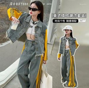 Conjuntos de roupas 2024 Coreia estilo garotas 2 pcs jeans castawing calças largas