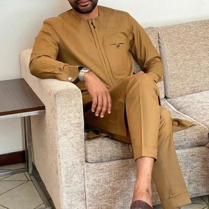 Kaftan Men Suit Solid Kieszonkowy Spodnie afrykański etniczny styl swobodny 2 -częściowy