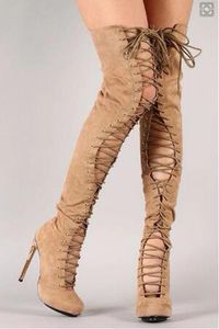 ブーツ本物の写真女性ファッションラウンドトースエードレザーレースアップ膝剣2剣カットアウトロングスティレットハイヒール