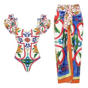 2024 Women Swimwear 2PC Cover-up Swimsuit Ruffle Solid Printed Deep V One-piece Monokini Kimono Bikini Suit Summer Beachwear 240510