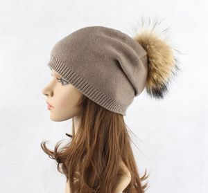 Quality Wool Beanie Hats with Real Removable Fur Ball Winter Warm Fashion Hats for Women Unisex 7 Solid Colors1472264