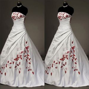 White Satin Red Embroidered Wedding Dresses Plus Size Ball Gown For Bride 2022 Strapless Lace-up Pleats Draped Vintage Wedding Gowns 329V
