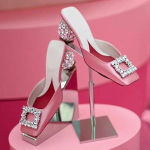 Crystal Slip-on Sandals الأنثى البغال أخمص القدمين مربع راينستون عالية الكعب نساء اللباس أحذية الصندل De Las Mujeres 240428 193