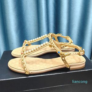 Summer Pearl decoram sandálias femininas tira de fivela plana designer de marca sandálias femininas