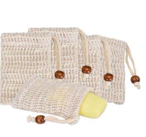 SOAP BAG Natural Ramie Mesh Bar Soap Scrub Bag DrawString Påsar Holder Skin Yt Rengöring Torkning Torkning Svål Pouch Storage B9633671