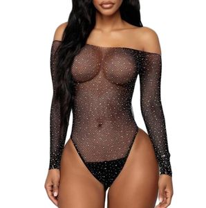 Frauen Nachtwäsche undefinierter sexy Jumpsuit Dessous Frauen schwarzer Spitzenfischnetz Rheinbodysuit Off-Shouder9129097