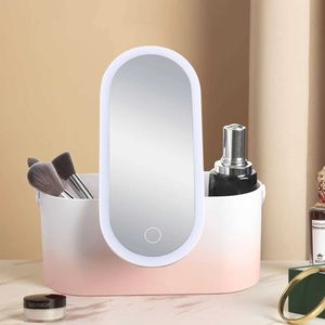 Espelhos compactos maquiagem luminosa e espelho de molho com caixa de armazenamento recarregável LED Light Desktop Portable Beauty q240509