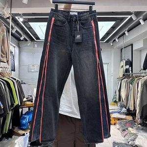 Herrens jeans Sidans blixtlåsdesign sömnad med tvätt för lösa jeans H240508