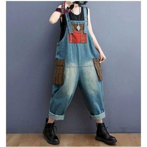 Kobiety Jumpsuits Rompers Dżinsowe kombinezony dla kobiet Patchwork w stylu koreańskim kombinezon jeden kawałek Kobiety Rompers Rompers Casual Vintage Playsits Proste spodnie Y240510