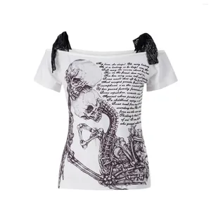 Frauen T -Shirts Luioyercxi Goth Skull Shirt 2000s Ästhetische Frauen Grunge Fairy Core Off Schulter Kurzarm Tops Grafische Tee Y2K