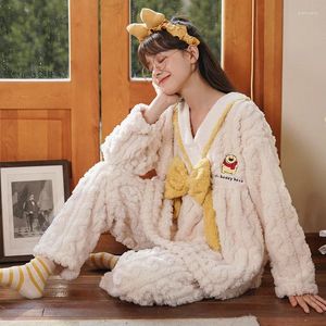 Kadın pijama 2 adet kadınlar için ev kıyafetleri Kış Sıcak Flannel Nightwear uyku üstleri uzun pantolon pijamalar v boyun kimono pjs