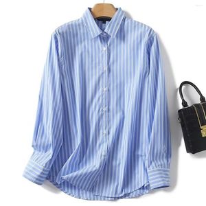 Kvinnors blusar visnade nordiska minimalistiska skjorta för avslappnade kvinnor blå randig bomullsblusa kontor dam mode toppar 2024 vår