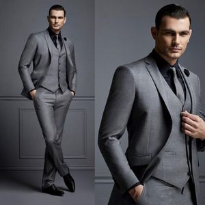 Handsome Dark Grey Mens Suit Brudgum Dräkt Bröllopsdräkter för bästa män Slim Fit Groom Tuxedos för Man Jacketvestpants 233J